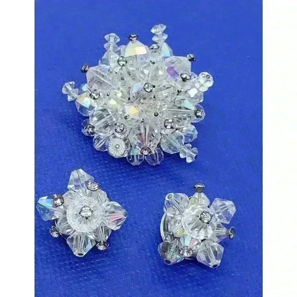 Vintage Brooch Earrings AB Prism Clear Faceted & Rhinestone Head Pins 50s Glam - Picture 2 of 9
